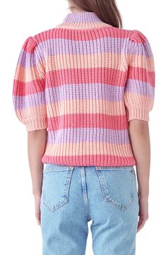 Lightly puffed sleeves frame this mock-neck sweater knit with vivid stripes for endless charm. Mock neck Elbow-length sleeves 100% acrylic Hand wash, dry flat Imported Multicolor Puff Sleeve Top For Fall, English Factory, Mock Neck Sweater, Puffed Sleeves, Elbow Length Sleeve, Sweater Knit, Pink Sweater, Neck Sweater, Mock Neck