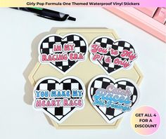 four heart shaped stickers with the words you make my heart race on them