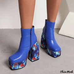 Olivia Mark - Stylish Color-blocked Platform Chunky Heel Ankle Boots with Square Toe and Side Zipper Elegant Chunky Heels, Rough Heels, Chunky Heel Ankle Boots, Winter Slippers, Color Block Design, Chunky High Heels, Super High Heels, Heel Ankle Boots, Platform Heels Chunky