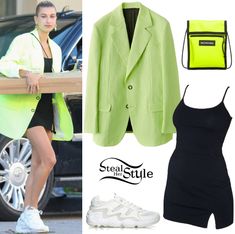 Brandy Melville Kyran Dress ($28.00), Acne Studios Two-Button Blazer ($750.00), a Balenciaga Explorer Pouch Strap ($630.00) and Adidas Fyw S-97 Sneakers ($175.00 – wrong color). Bella Hadid Outfits, Christian Louboutin So Kate, Checked Trousers, Striped Bodysuit, Hailey Baldwin