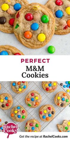 the perfect m & m cookies recipe is shown in front of an image with text overlay