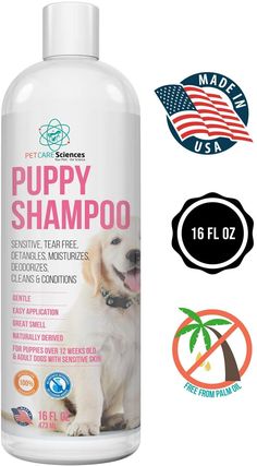 a bottle of dog shampoo next to an american flag sticker and two logos