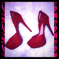 Rarenew Never Worn Real Suede 6in Platform Heels By Justfab. These Were A One Time Edition To Justfab. They Come Embellished With Red Rhinestones Not One Is Missing. I Love These Shoes I Just Can’t Wear Them!!! Red Rhinestone Wedding Heels, Red Pointed Toe Heels With Rhinestones, Red Rhinestone Pointed Toe Heels, Glamorous Red Heels For Formal Occasions, Glamorous Red Heels With 4-inch Heel, Elegant Red Heels With Rhinestones, Red Open Toe Heels For Prom, Red Rhinestone Heels For Prom, Red Open Toe Heels With Rhinestones