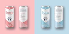 three cans of beer on a pink and blue background with the words besa next to them