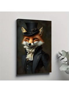 a painting of a fox wearing a top hat and suit with a bow tie on