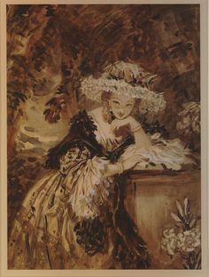 a painting of a woman in a dress and hat sitting on a bench with flowers