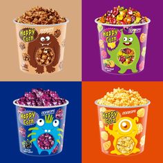 four different flavors of happy birthday popcorn in plastic cups with candy eyes and monsters on them