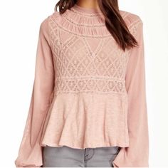 Free People Long Sleeve High Neck Semi-Sheer Blouse Color Is A Blush Pastel Pink Size Small Excellent Condition Lightweight Knit And Crochet Lace Long Sleeve Top Gorgeous Blush Pink Lightweight Knit And Crochet Lace / Pointelle Long Sleeve Top With Fine Mesh Fabric Balloon / Full Sleeves Gathered At The Wrist. Has A High Neck Featuring A Keyhole Detail With Delicate Mother Of Pearl Buttons At The Back. Somewhat Of A Swingy Peplum Design, Hits At About The Upper To Mid Hip. Size Small, Fits True Chic Fitted Pink Lace Top, Chic Pink Fitted Lace Top, Pink Long Sleeve Lace Top Blouse, Beige Feminine Blouse For Layering, Feminine Long Sleeve Lace Top, Pink Feminine Lace Top, Feminine Pink Lace Top, Feminine Lace Top Blouse, Feminine Long Sleeve Blouse For Layering