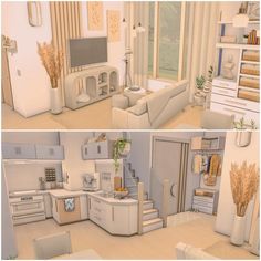 two renderings of a living room and kitchen in different stages of being furnished with furniture