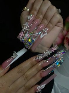 Nails Blinged Out, Long Extra Nails, Junk Nails Bling, Bedazzled Nails, Junk Nails, Kitty Nails