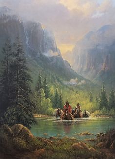 a painting of people riding horses across a river in front of mountains and pine trees