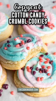 A cotton candy cookie with a bite taken out of it. American Baked Goods, Crumbl Christmas Flavors, Cookie Dunkers With Buttercream, Cute Recipes Aesthetic, Deep Dish Cookie Recipe, Crumble Sugar Cookie Recipe, Diy Crumbl Cookies, Homemade Crumbl Cookies, Lighthouse Cookies