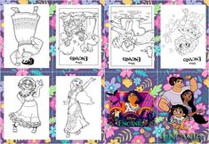 the princess and the frog coloring pages are shown in this image, with different characters on them