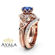 a rose gold wedding ring set with an aqua blue topazte and diamond accents