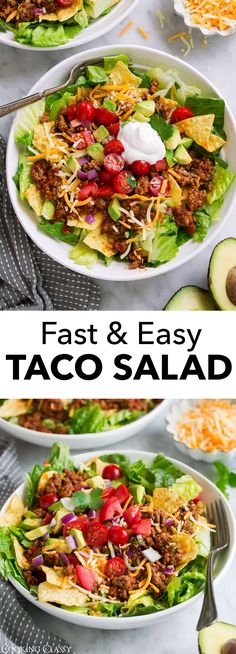 taco salad with lettuce, tomatoes, cheese and other toppings in white bowls