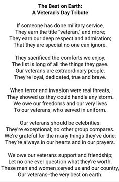 a poem written in black and white with an image of the words veterans on it