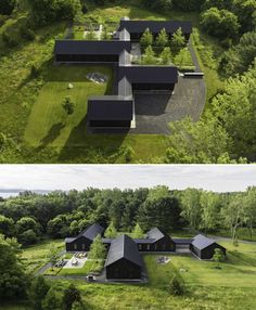 two pictures of black houses in the woods