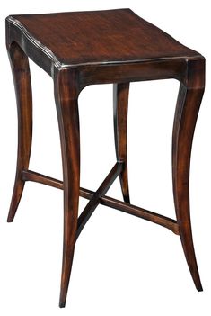 a small wooden table with an ornate design on the top and bottom, against a white background