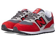 New Balance Kids 574 (Little Kid) - Boy's Shoes : True Red/Light Aluminum : Your family's active schedule calls for a kids' sneaker that's stylish enough to complement any outfit and soft enough to keep feet comfortable. With trail and all-terrain designs, this New Balance Kids 574 sneaker delivers iconic style in a clean and comfortable shoe. A cushioned midsole helps keep feet feeling secure while a rubber outsole helps prevent wear-and-tear. These versatile kicks feature a suede and mesh uppe Kids New Balance, Mens New Balance 574, New Balance Kids, Feeling Secure, Kicks Shoes, Jordan Shoes Retro, New Balance Sneakers, Swag Shoes, Iconic Style