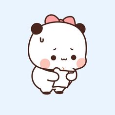 a cute little white bear with black ears and pink bow on its head, standing in front of a blue background