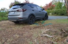 a car parked on the side of a road in front of some bushes and trees