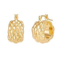 These sophisticated quilted hoop earrings are expertly crafted with alluring detail in 14K yellow gold. The pattern adds texture and dimension to this pair, catching the light and giving off an eye-catching shimmer. | Quilted Hoop Earrings | 14K Yellow Gold | Size 15 mm | Helzberg Diamonds Luxury Tarnish Resistant Hoop Earrings For Formal Occasions, Luxury Tarnish Resistant Hoop Earrings For Formal Events, Luxury Diamond Cut Hoop Earrings For Everyday, Elegant Textured Gold Plated Hoop Earrings, Elegant Textured Gold Plated Earrings, Elegant Textured Jewelry For Anniversary, Elegant Textured Formal Earrings, Luxury Gold Diamond Cut Huggie Earrings, Elegant Gold Huggie Earrings With Diamond Cut