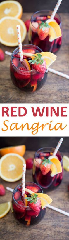 red wine sangria served in glasses with strawberries and orange slices