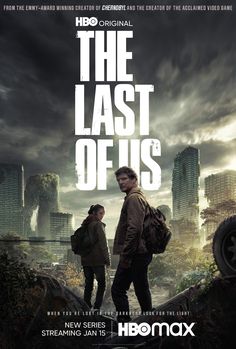 the last of us poster with two people standing in front of a cityscape