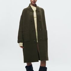 Coat With Lapel Collar And Turned-Up Long Sleeves. Front Patch Pockets. Front Button Closure. Outer Shell 59% Acrylic 32% Polyamide 7% Wool 2% Elastane 18 Khaki | 5755/153 Knit Coat, Long Wool Coat, Zara Knit, Knitted Coat, Zara Jackets, Lapel Collar, Wool Coat, Jackets & Coats, Jackets For Women