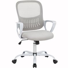 an office chair with white mesh back and seat, viewed from the front angle on a white background