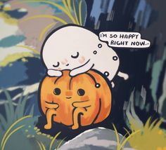 a cartoon pumpkin with a cat sleeping on it's back in front of some plants