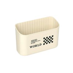 a white container with a black and white checkered design