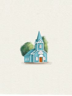 an illustration of a blue church with trees on the front and side, painted in watercolor