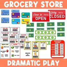 the grocery store is open and closed with lots of money on display for kids to play