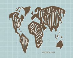 a poster with the words god and all nations in brown on a blue tile background