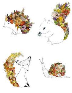 four different types of animals with flowers on them