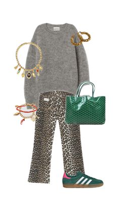 a woman wearing leopard print pants, sweater and green handbag with accessories on her feet