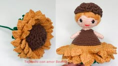 crocheted doll with brown dress and sunflower