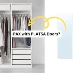 an image of a closet with platsa doors and clothes on hangers in it