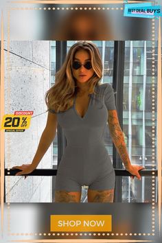 Women's Summer Fashion Sexy U-neck Slim Short Sleeve Jumpsuit Gray Fitted V-neck Jumpsuits And Rompers, Summer V-neck Bodysuit For Club, V-neck Stretch Bodysuit For Club, Trendy Fitted V-neck Jumpsuits And Rompers, Stretch V-neck Bodysuit For Club, Summer Club-ready Fitted Jumpsuits And Rompers, Gray Short Sleeve Summer Bodysuit, Casual High Stretch V-neck Jumpsuits And Rompers, High Stretch V-neck Bodysuit For Night Out