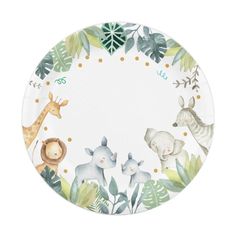 a paper plate with animals and leaves on the front, in white background that says zoo