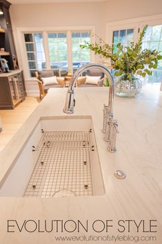 a kitchen sink sitting under a faucet next to a counter top in front of a window