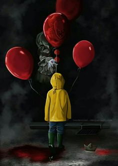 a person in yellow jacket and green rubber boots with red balloons floating over them on black background