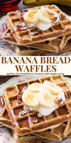 banana bread waffles on a plate with syrup