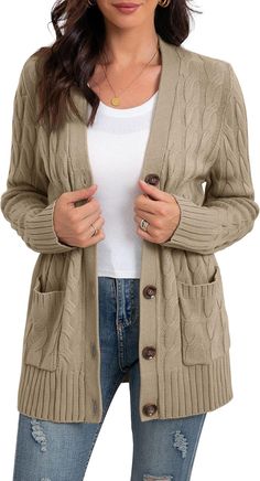 GRECERELLE Women's Long Sleeve Loose Knit Cable Open Front Button Down Cardigan Sweater Outerwear Coat with Pockets Chunky Sweater Cardigan, Women Long Cardigan, Winter Outwear, Gilet Long, Button Down Cardigan, Chunky Cardigan, Chunky Knit Cardigan, Cardigan Long, Maternity Sweater