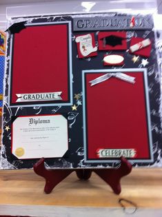 a graduation bulletin board with red and black accents on it's sides, surrounded by other school related items