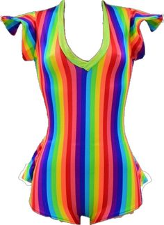 Spring Multicolor Stretch Bodysuit, Fitted Multicolor Tops For Pride, Multicolor Fitted Tops For Pride, Playful Multicolor Onesie For Beach, Spring Multicolor V-neck Bodysuit, Playful Multicolor Beach Bodysuit, Fitted Multicolor Swimwear With Rainbow Print, Rainbow Romper, Fitted Rainbow Print Swimwear