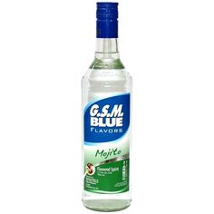 a bottle of g & m blue flavor mojitte water on a white background