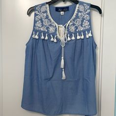 Nwt Tassel Tank Top Adorable Tassels And Embroidery Detail Never Been Worn Blue Beach Tops With Tassels, Blue Tassel Tops For Beach, Beach Blue Tops With Tassels, Casual Blue Tops With Tassel Ties, Blue Beach Tops With Tassel Ties, Blue Tassel Tops For Summer, Blue Tops With Tassel Ties For The Beach, Blue Spring Tops With Tassel Ties, Blue Spring Top With Tassel Ties