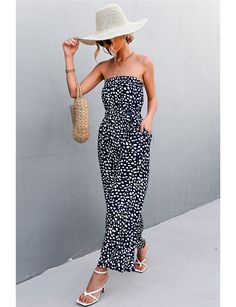 Navy Blue Leopard Print Lace-up Strapless Jumpsuit Black Strapless Jumpsuit For Beach In Spring, Summer Bandeau Strapless Jumpsuit For Vacation, Spring Black Strapless Jumpsuit For The Beach, Casual Bandeau Strapless Jumpsuit For Beach, Blue Strapless Jumpsuit For Summer Day Out, Casual Bandeau Strapless Jumpsuit For Day Out, Blue Strapless Jumpsuit For Spring Day Out, Casual Strapless Jumpsuits And Rompers For Summer, Casual Strapless Jumpsuit For Beach